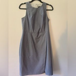 Pinstripe blue & white Banana Republic classic sheath work dress w/ small slit